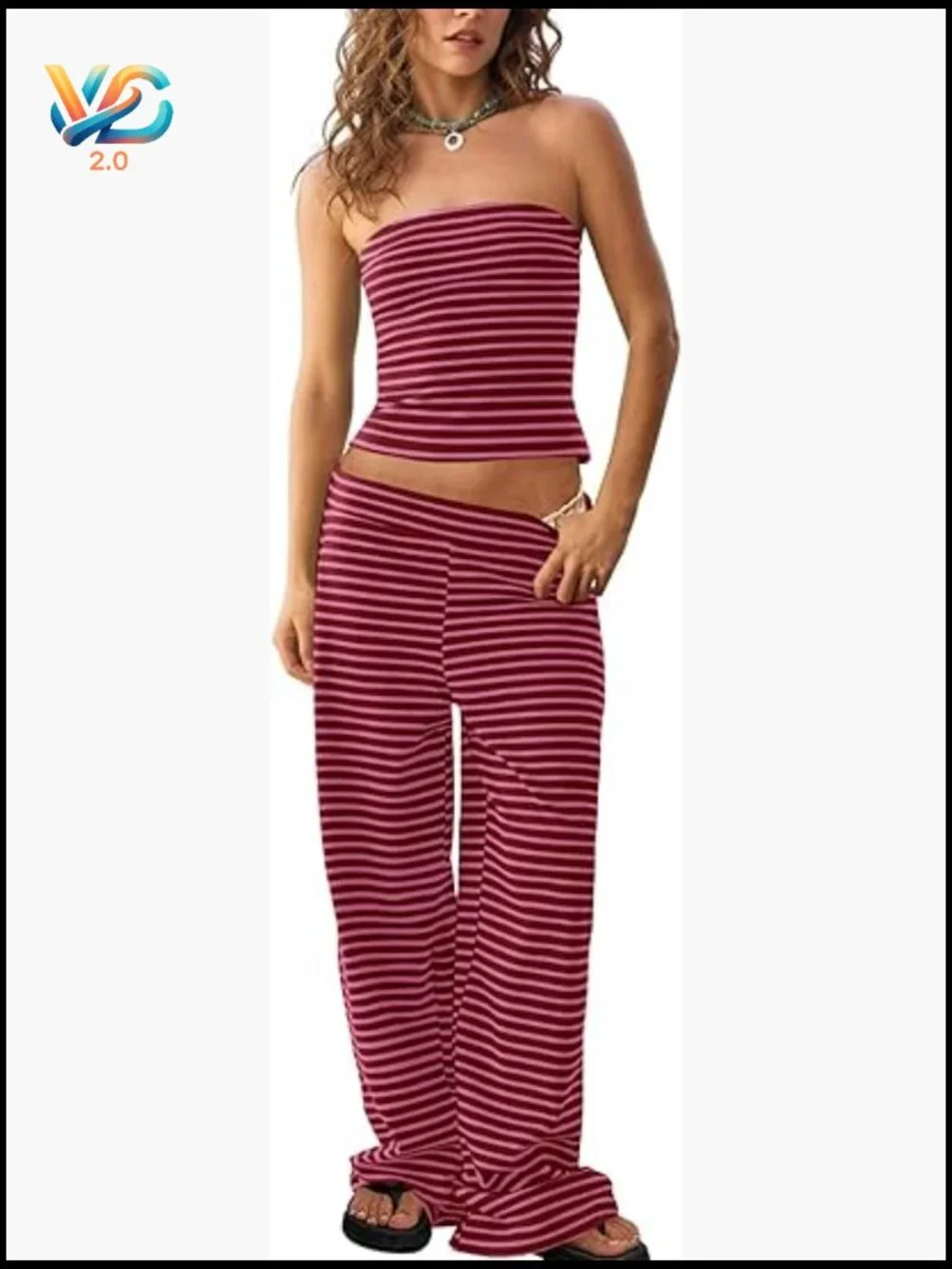 Striped 2 Piece Lounge Set Strapless Crop Top Wide Leg Pants Matching Vacation